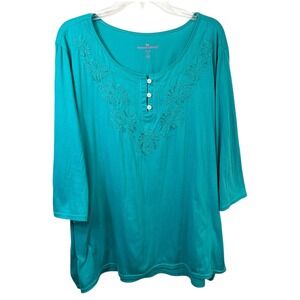 Woman Within Plus Size 2X Top 26W 28W Teal Embroidered Henley Mature Office 709